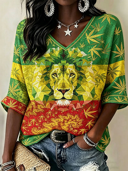Women's Reggae Lion Rasta Color Print Linen Short-sleeved T-shirt