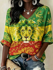 Women's Reggae Lion Rasta Color Print Linen Short-sleeved T-shirt