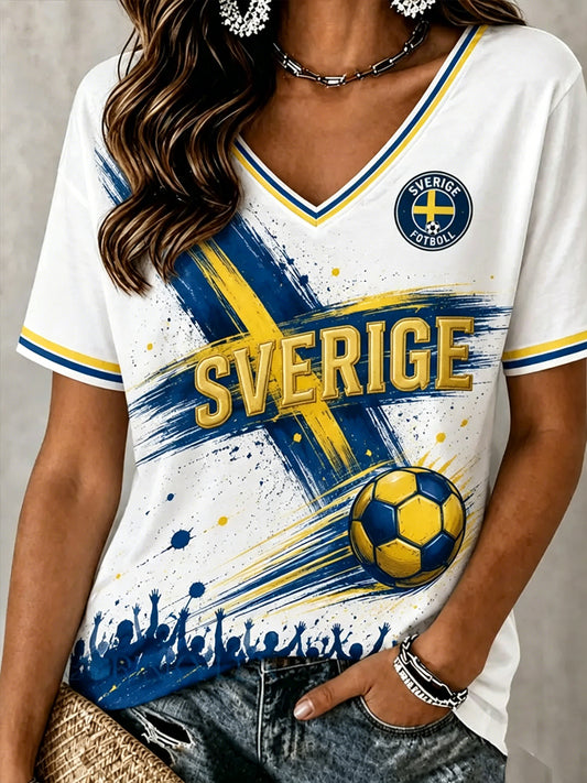 Women's Swedish Football Printed V-neck T-shirt