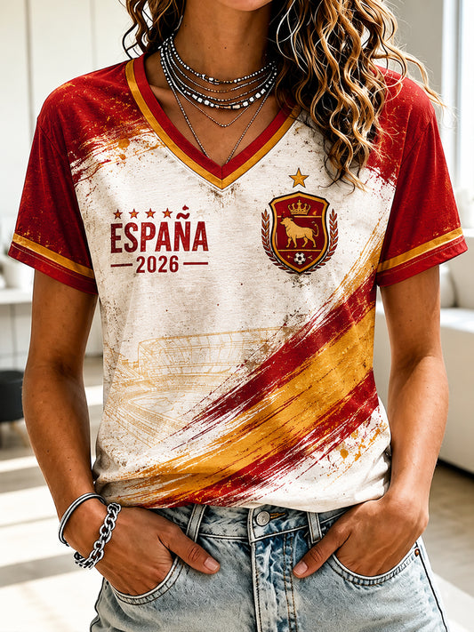 Women's Spanish Football Printed V-neck T-shirt