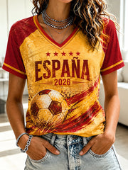 Women's Spanish Football Printed V-neck T-shirt
