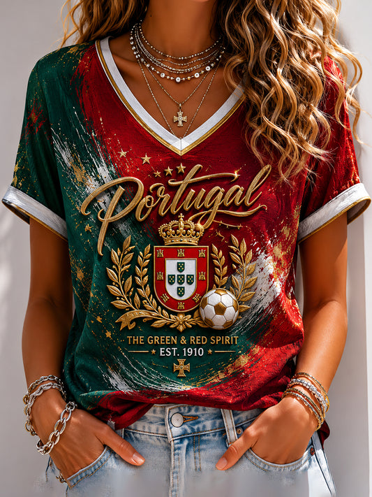 Women's Portuguese Football Printed V-neck T-shirt