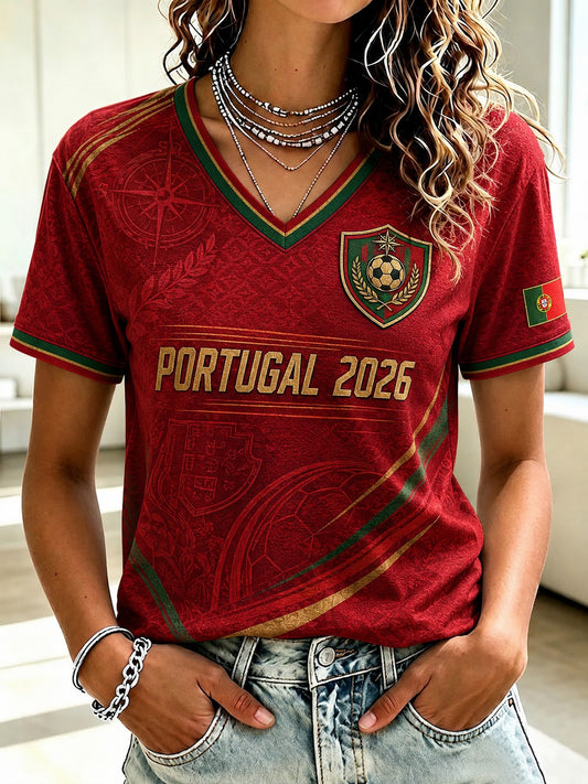 Women's Portugal Football Printed V-neck T-shirt