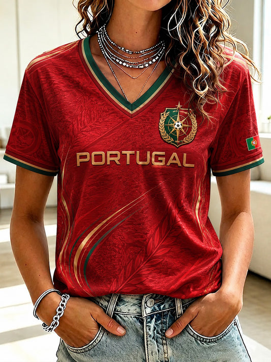 Women's Portugal Football Printed V-neck T-shirt