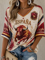 Women's Spain Football Mid-length Sleeves V-Neck T-Shirt