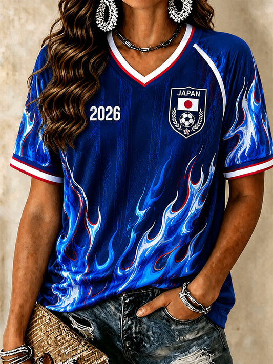 Women's Japanese Football Flame V-Neck T-Shirts
