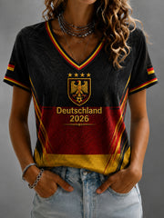 Women's Deutschland Football Fan Printed V-neck T-shirt