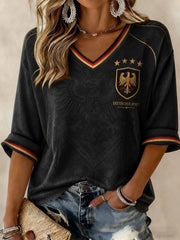 Women's Germany Football Printed Mid-length Sleeves V-Neck T-Shirt