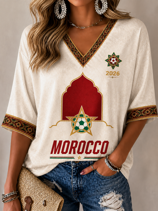 Women's MOROCCO Printed Mid-length Sleeves V-Neck T-Shirt