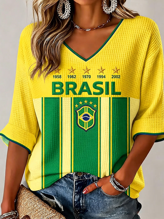 Women's Brazil Football Fan Gift Waffle T-shirt