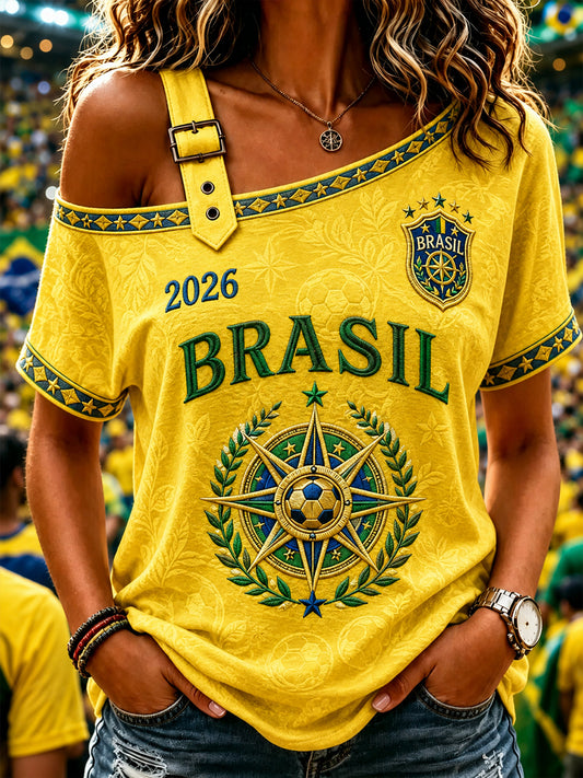 Women's Brazil Football Fan Gift  Off-the-Shoulder Short-Sleeve T-Shirt