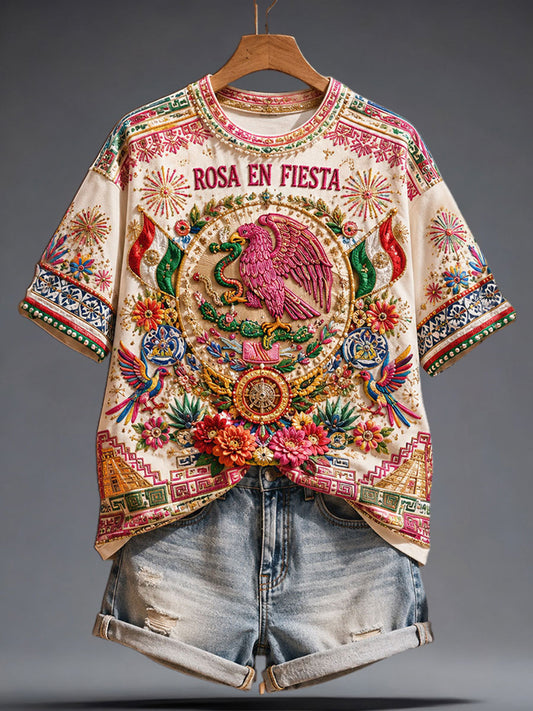 Women's Mexico Pride Art Printed Linen T-shirt