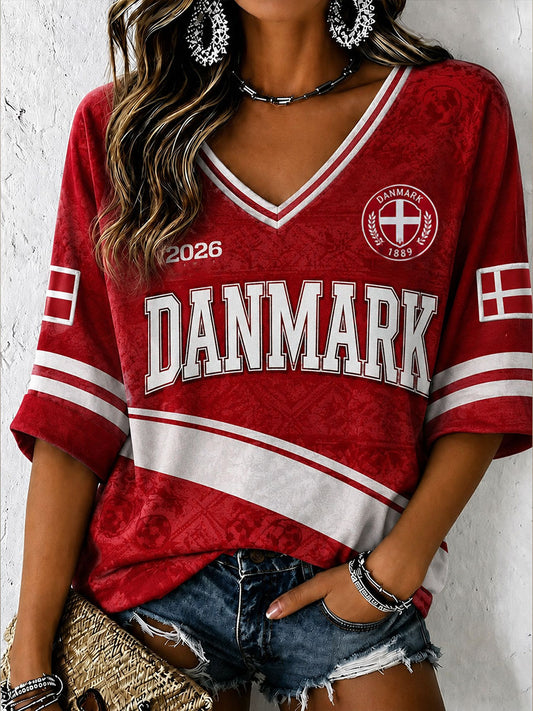 Women's Denmark Football Mid-length Sleeves V-Neck T-Shirt
