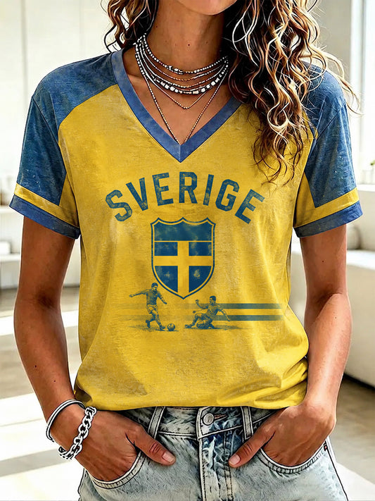 Women's Swedish Football Printed V-neck T-shirt