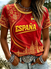 Women's 2026 Spain Football Team Inspired Pattern Print Linen Short-sleeved T-shirt