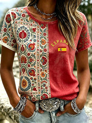 Women's Spain Football Team Inspired Traditional Pattern Print Linen Short-sleeved T-shirt