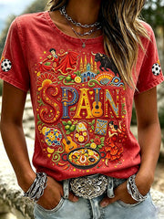 Women's VIntage Spain Traditional Pattern Print Linen Short-sleeved T-shirt