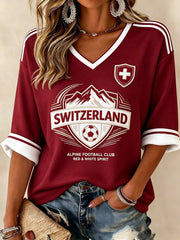 Women's Switzerland Printed Mid-length Sleeves V-Neck T-Shirt