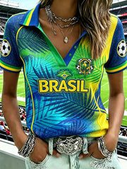 Women's  football element plant print casual sports polo T-shirt