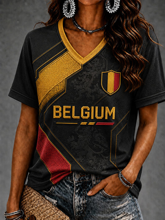 Women's Belgium Football Short Sleeve V-neck T-shirt