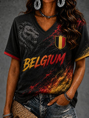 Women's Belgium Football Short Sleeve V-neck T-shirt