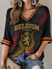 Women's Belgium Football Mid-length Sleeves V-Neck T-Shirt