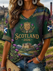 Women's Scotland Printed Mid-length Sleeves V-Neck T-Shirt