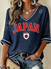 Women's Japanese Sashiko Art Print Football Inspired Mid-length Sleeves V-Neck T-Shirt