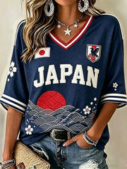 Women's Japan Football Inspired Pattern Print Mid-length Sleeves V-Neck T-Shirt