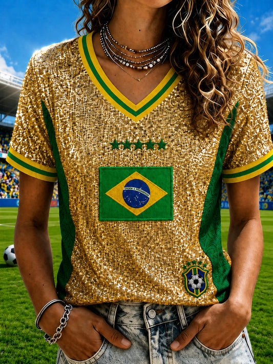 Women's Brazil Football Fan Gift Printed Casual Short Sleeve T-shirt