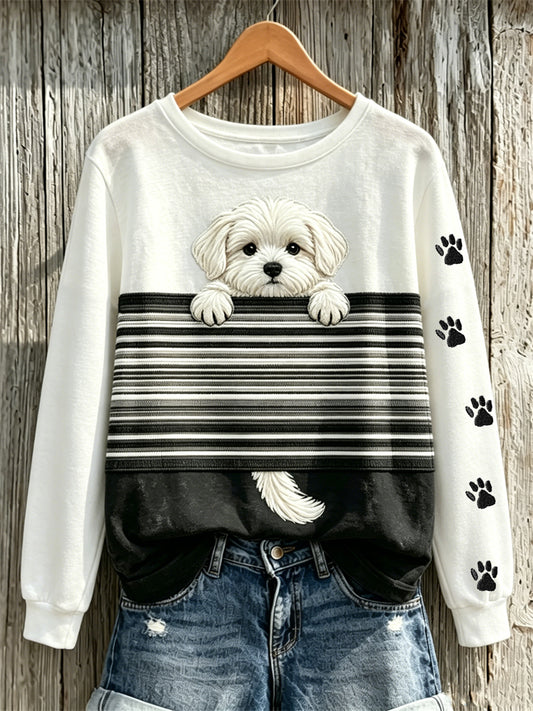 Women's Peeking Maltese Dog & Paw Prints Colorblock Print sweatshirt