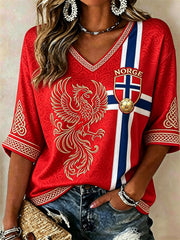 Women's Norway Football Viking Phoenix Celtic Knot Flag Print Mid-length Sleeves V-Neck T-Shirt