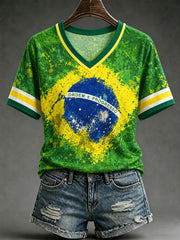 Women's Brazil Football Fan Gift Art Print V-neck Off-shoulder Short Sleeve T-shirt