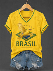 Women's Brasil Print Casual V-Neck Tee