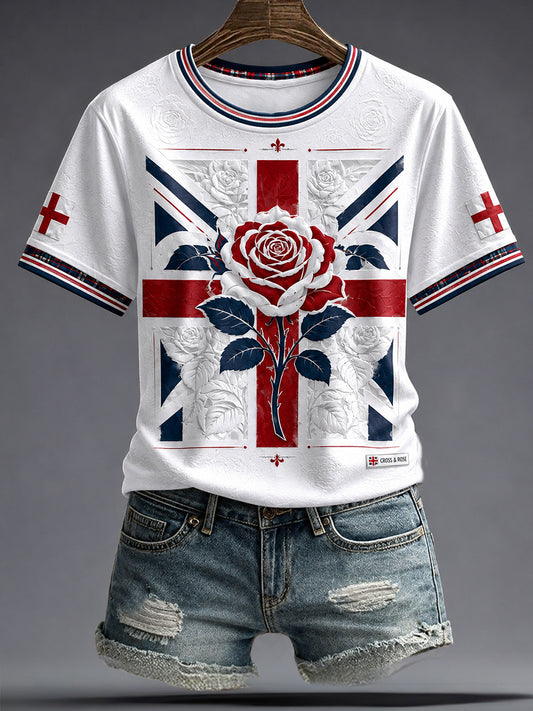 Women's England Football Lover Lions Roses Art Printed T-shirt