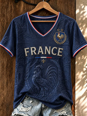 Women's France Football Printed V-neck T-shirt