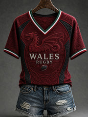 Women's Wales Rugby V-neck off-shoulder Short-sleeved T-shirt