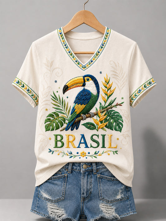 Women's Brasil Print Casual V-Neck Tee