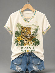 Women's Brasil Print Casual V-Neck Tee