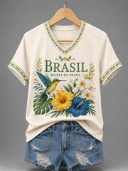 Women's Brasil Print Casual V-Neck Tee