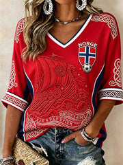 Women's Norway Football Viking Ship Celtic Knot Flag Print Mid-length Sleeves V-Neck T-Shirt