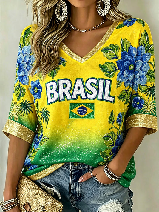 Women's Brazilian Tropical Floral Print Mid-length Sleeves V-Neck T-Shirt