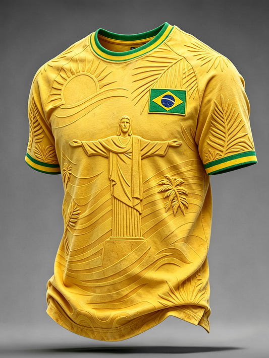 Men's Brasil Inspired Pattern Flag Print Round Neck Short Sleeve T-shirt