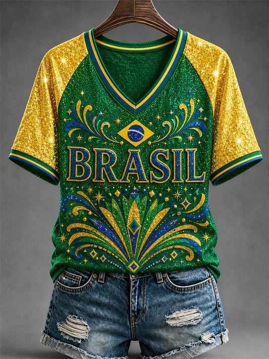 Women's Brasil Print Casual V-Neck Tee