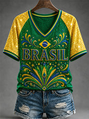 Women's Brasil Print Casual V-Neck Tee