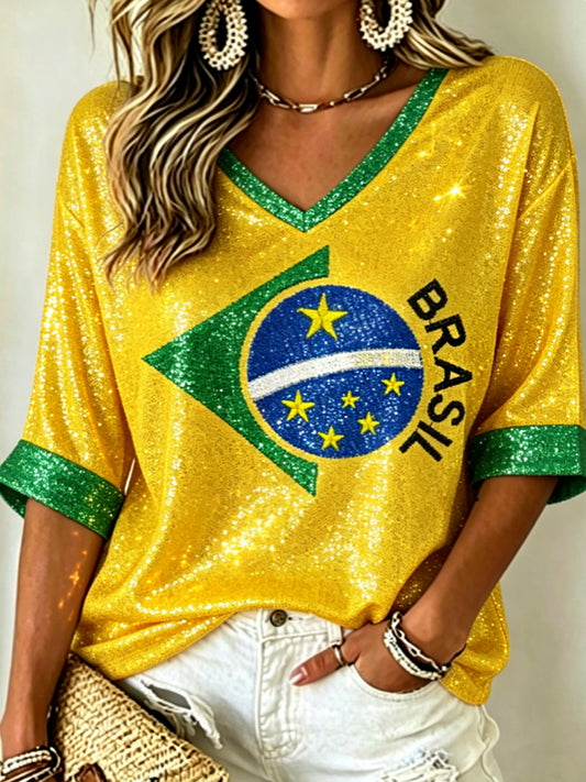 Women's Mid-length Sleeves V-Neck T-Shirt