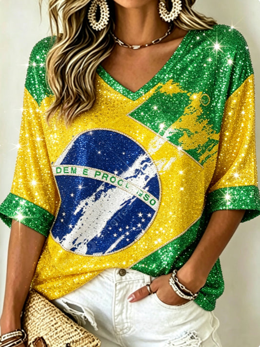 Women's Mid-length Sleeves V-Neck T-Shirt