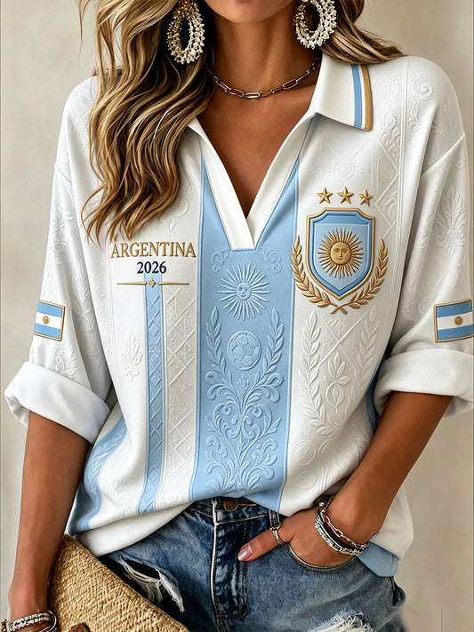 Women's Argentina Football Mid-length Sleeves V-Neck T-Shirt