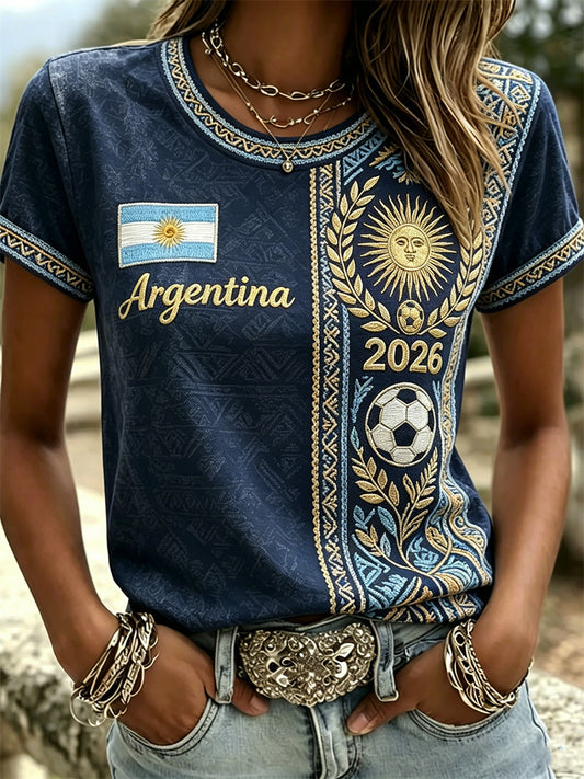 Women's Argentina 2026 Flag & Football Ethnic Print short-sleeved T-shirt