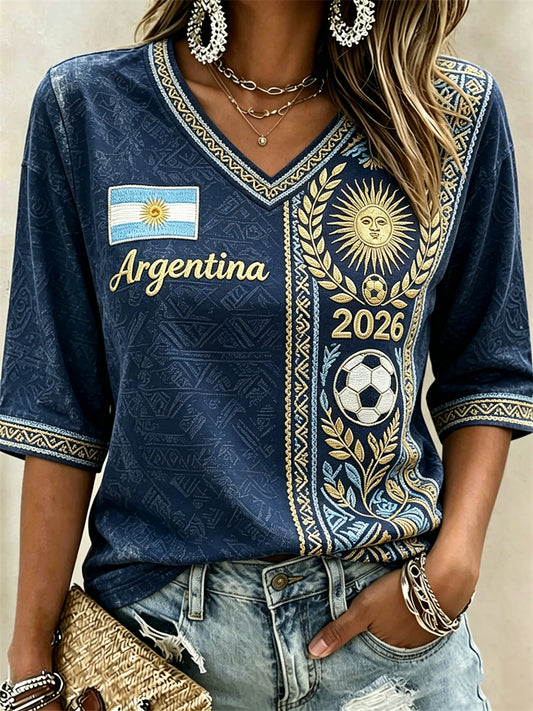 Women's Argentina 2026 Football & Flag Ethnic Print Mid-length Sleeves V-Neck T-Shirt